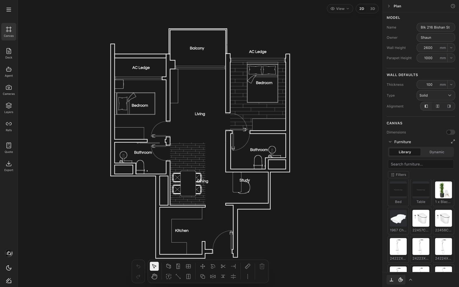 A traced flat in the 2D editor: walls, doors, rooms tagged, furniture, the CAD toolbar