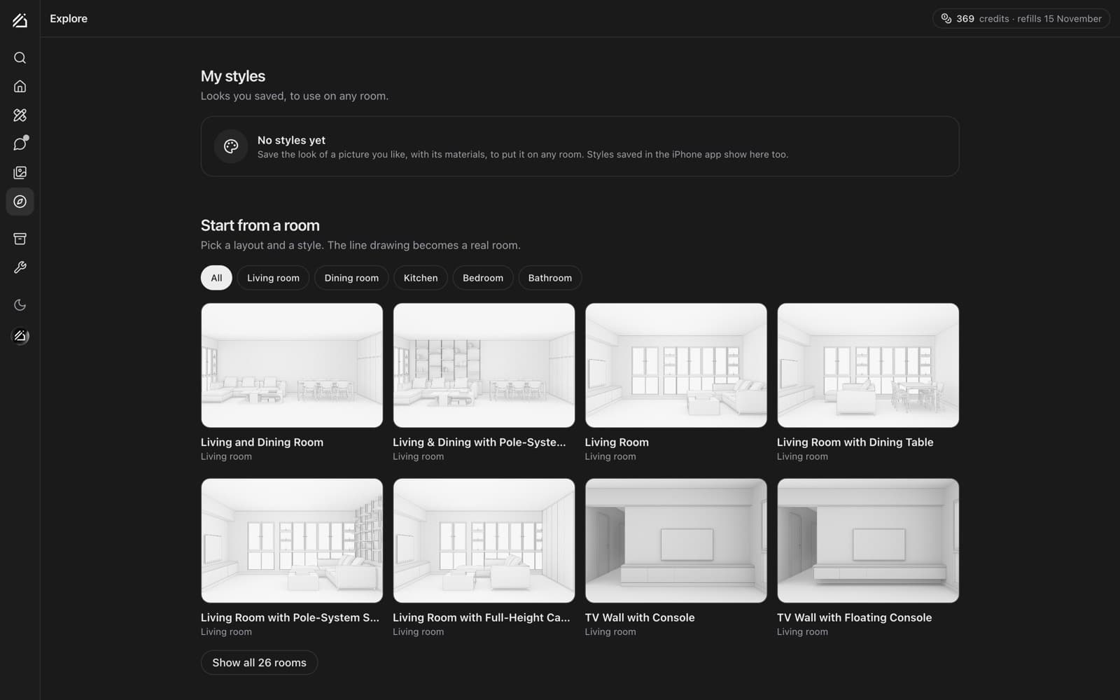 Explore's Start from a room: template line drawings of living rooms, kitchens and bedrooms