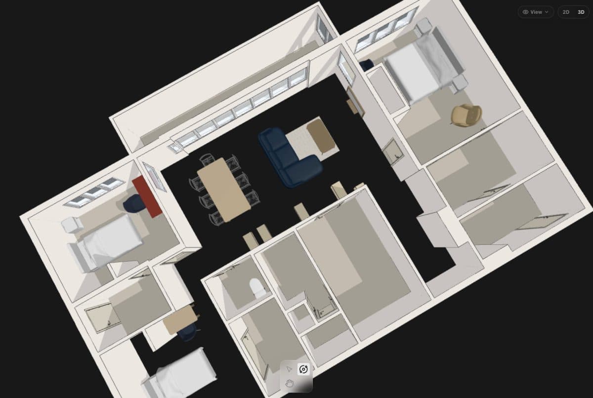 The furnished plan in 2D, switched to 3D and orbited: bedrooms, the living room's sofa and rug, the dining table for eight