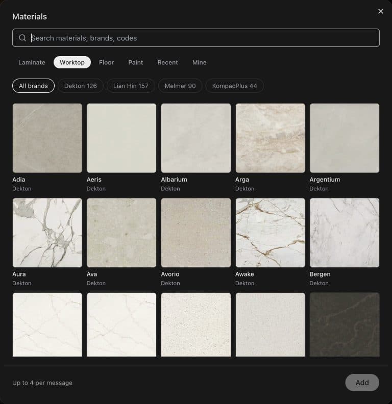 The materials picker going through its shelves: laminates, marble worktops, floors, paint