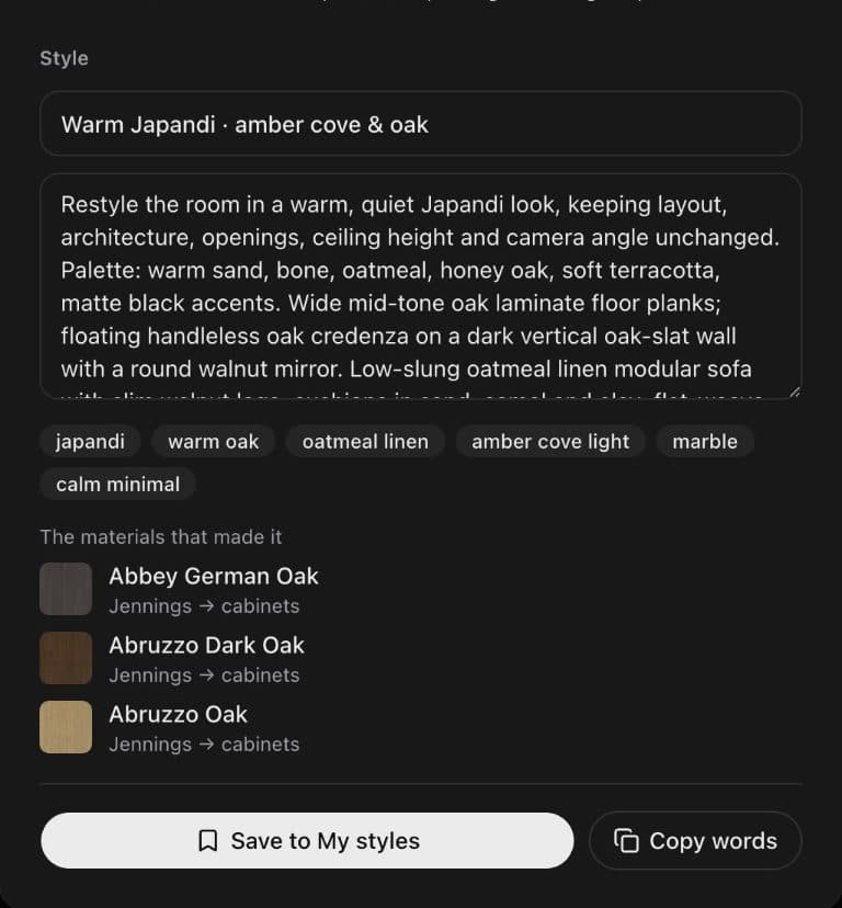 A picture's look read as a style: its name, words, tags and laminates, then saved to My styles