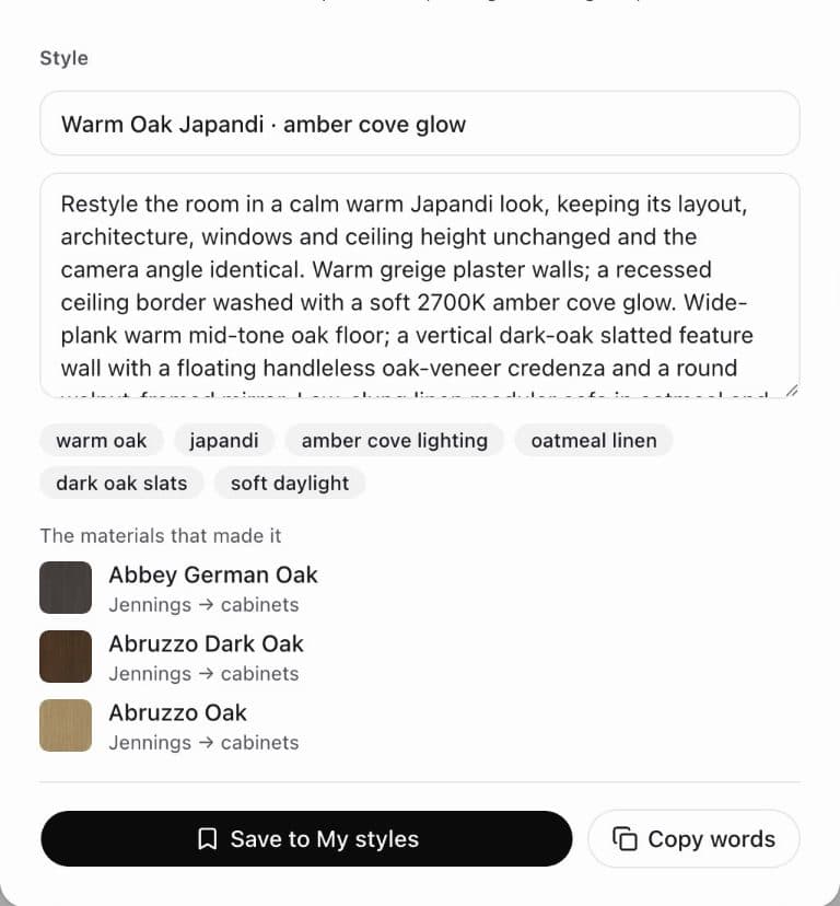 A picture's look read as a style: its name, words, tags and laminates, then saved to My styles