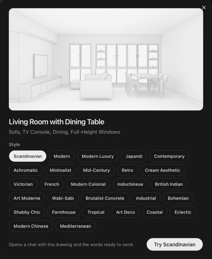 A living room template's line drawing, Scandinavian picked from its styles, then Try