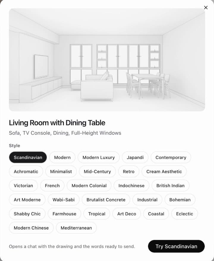 A living room template's line drawing, Scandinavian picked from its styles, then Try