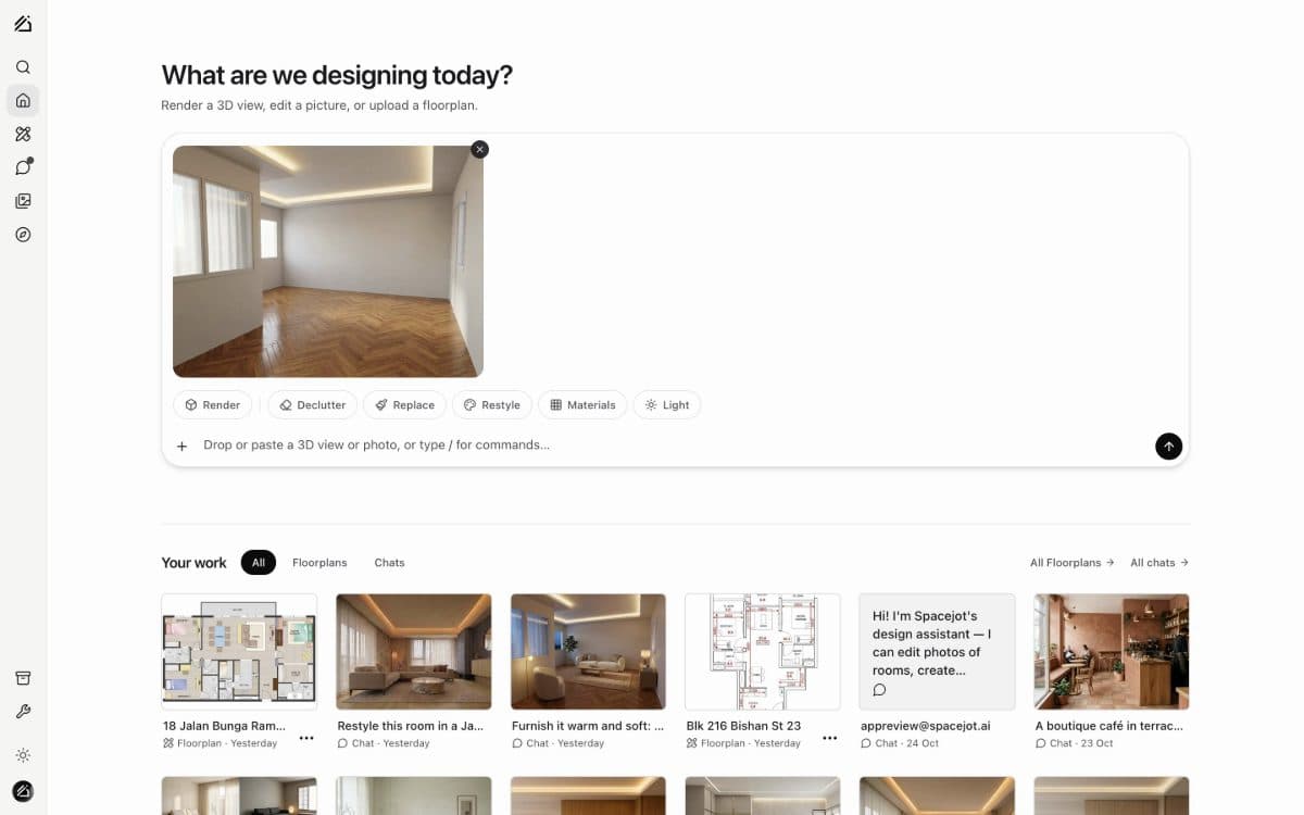 The workspace home with floor plans and chats in one grid, a photo dropped into the box with a request, then the Library's gallery of renders