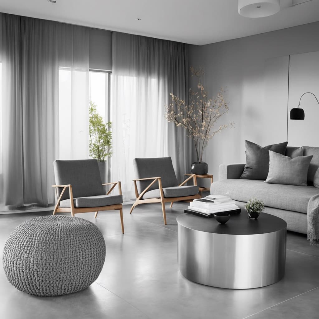 An achromatic grey living room with a chrome side table and sheer curtains
