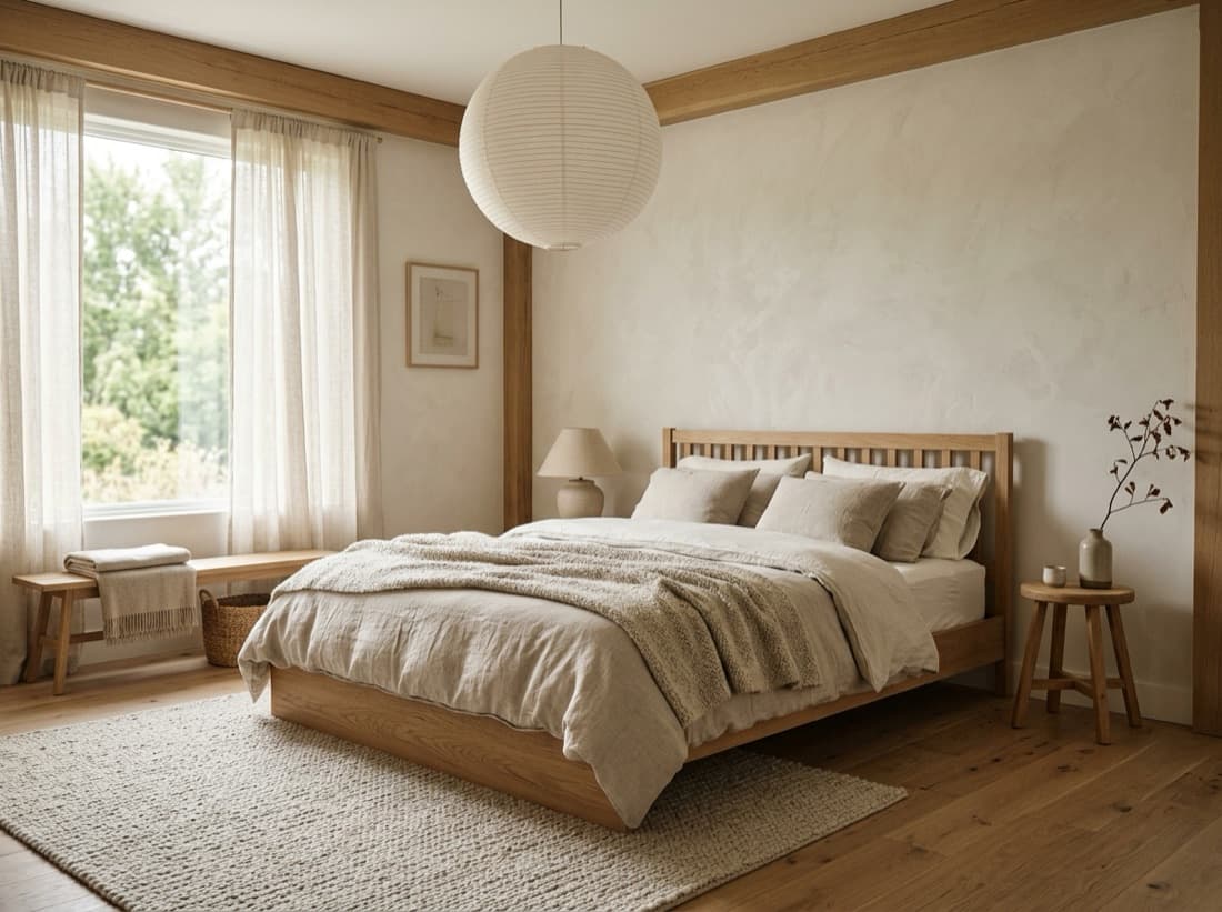 A bedroom with a paper pendant, a linen bed and morning light