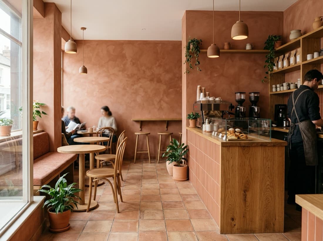 A café in terracotta plaster with timber shelves and a tiled floor