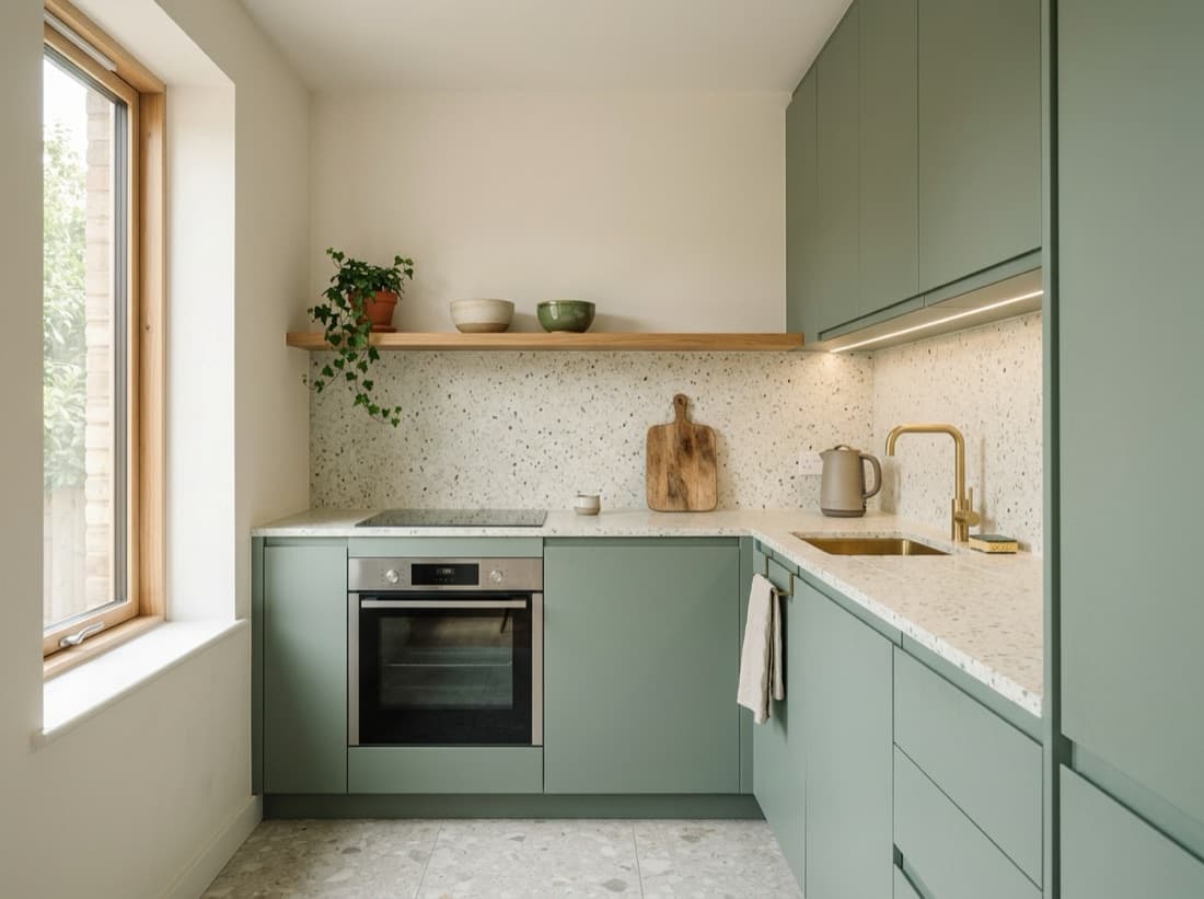 A sage green kitchen with brass fittings, a terrazzo floor and an oak window