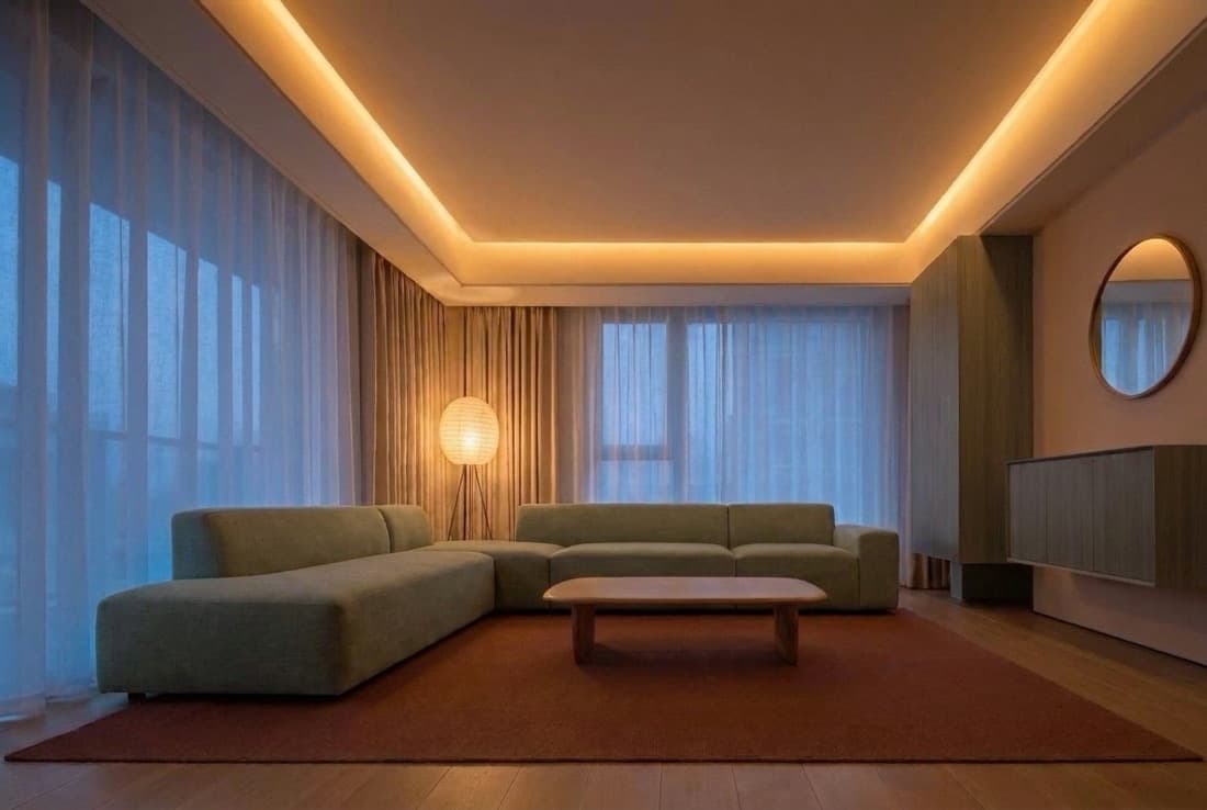 A living room at blue hour, a sage sofa on a rust rug, warm cove light inside