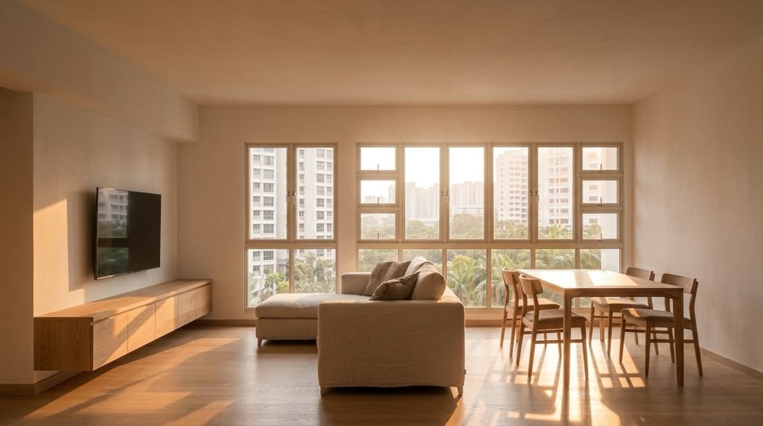 A living and dining room under a wall of windows at golden hour