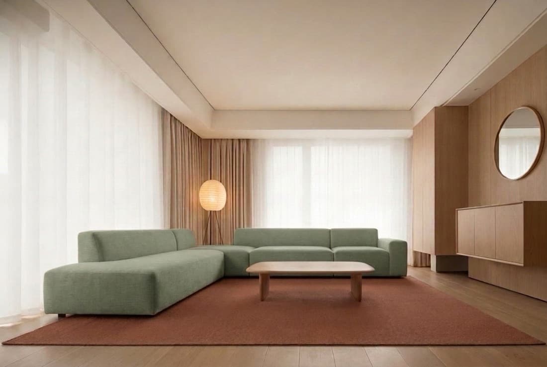 A living room with a sage sectional on a rust rug and sheer curtains