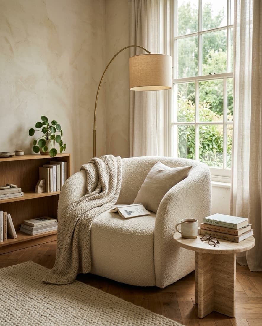 A reading corner with a bouclé armchair, a floor lamp and linen curtains
