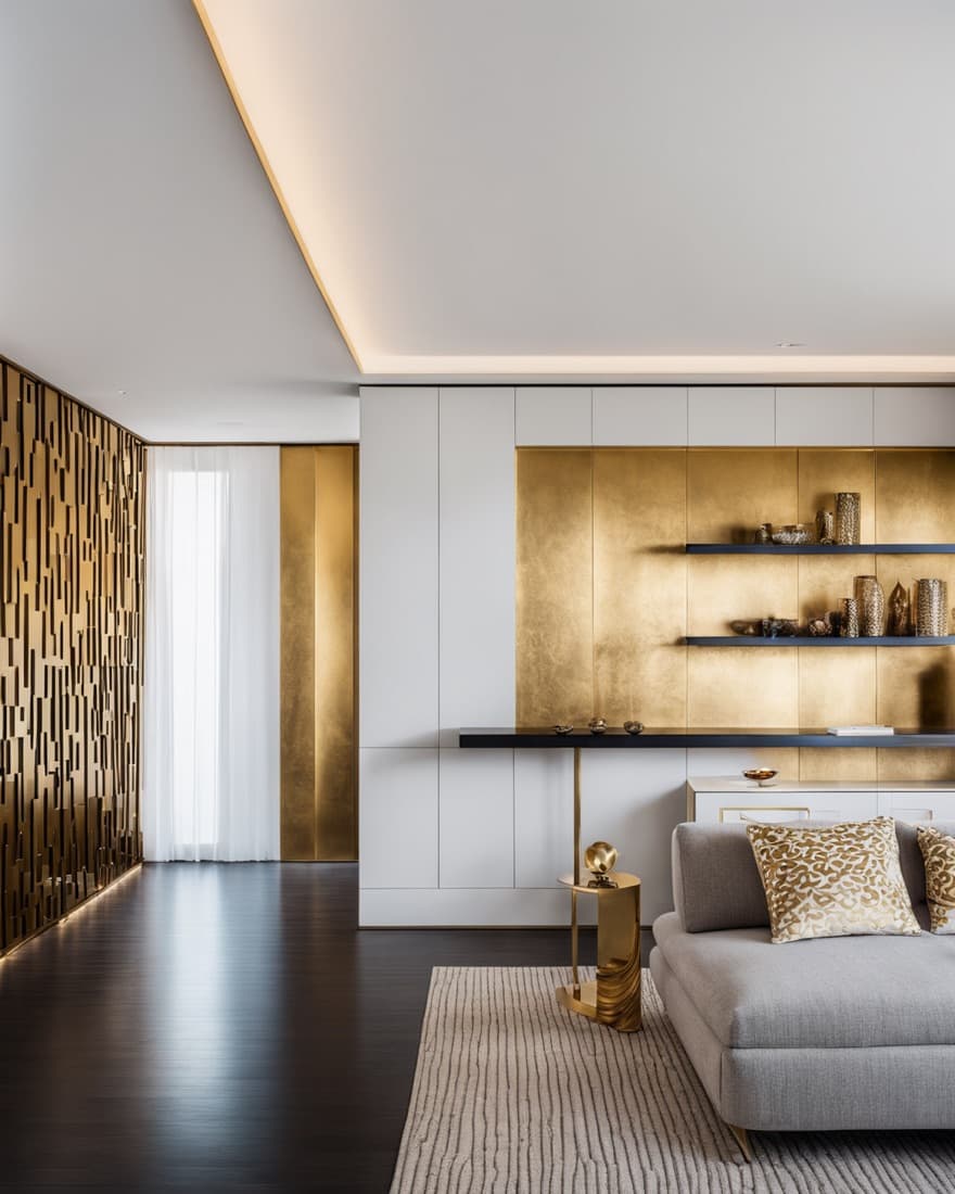 An Art Moderne living room with brass screens and a dark gloss floor