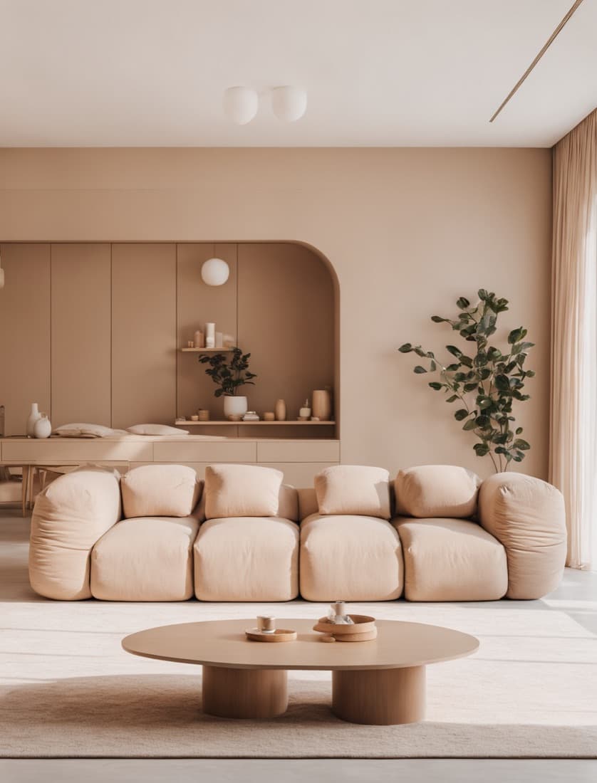 A soft beige living room with a rounded sofa and an arched niche