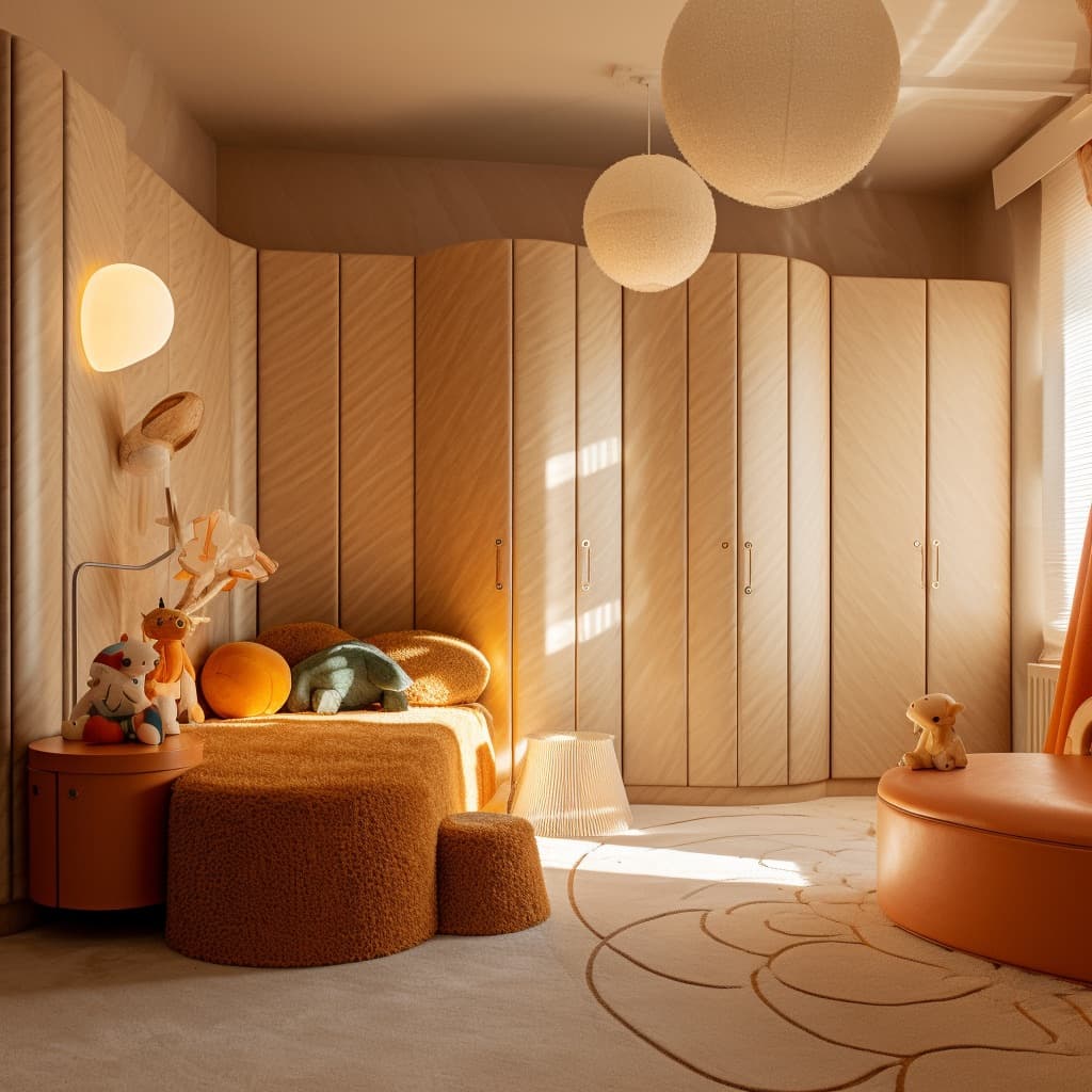 A playful kids' room in warm orange and cream with paper lanterns