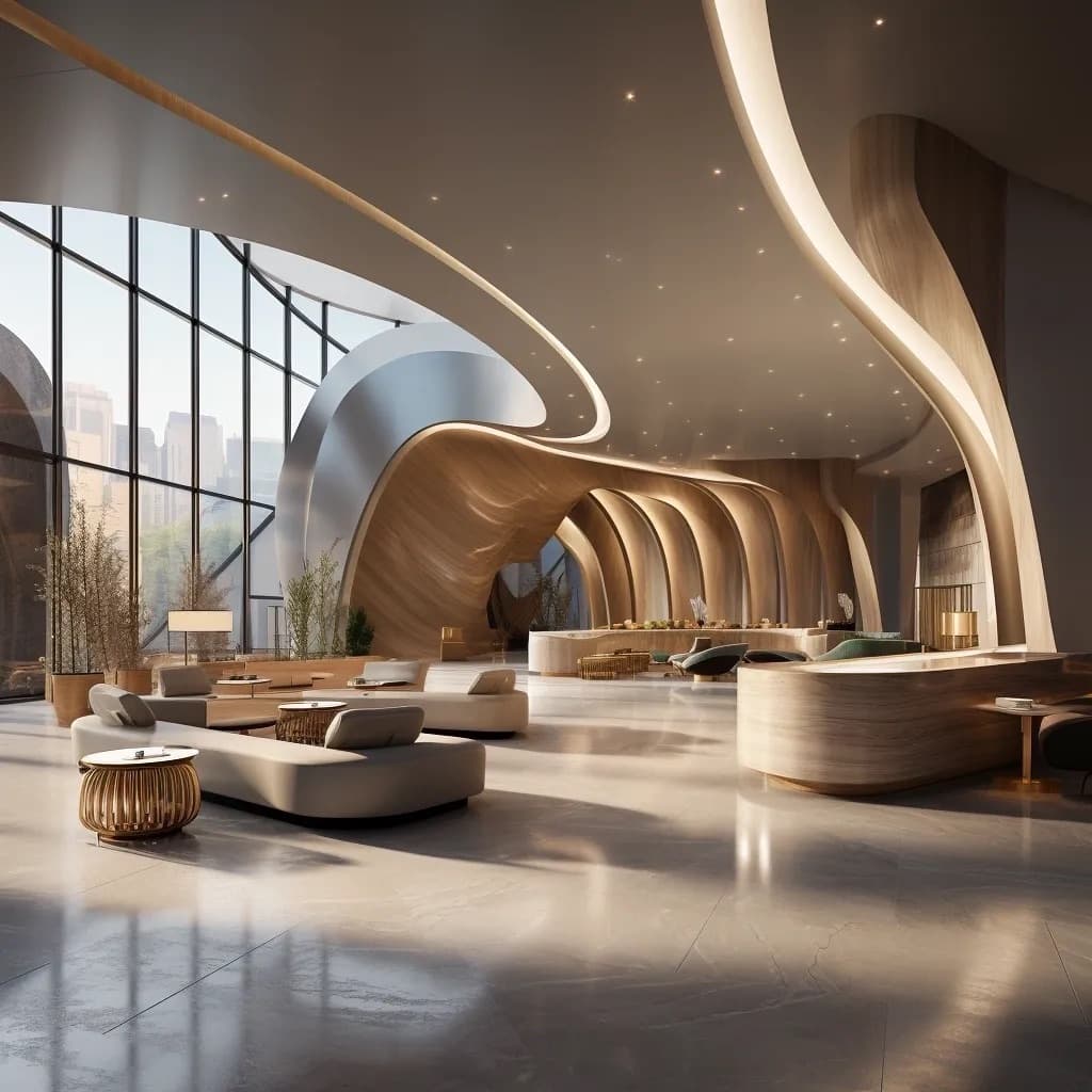 A hotel lobby with sweeping curved ceilings and a polished stone floor
