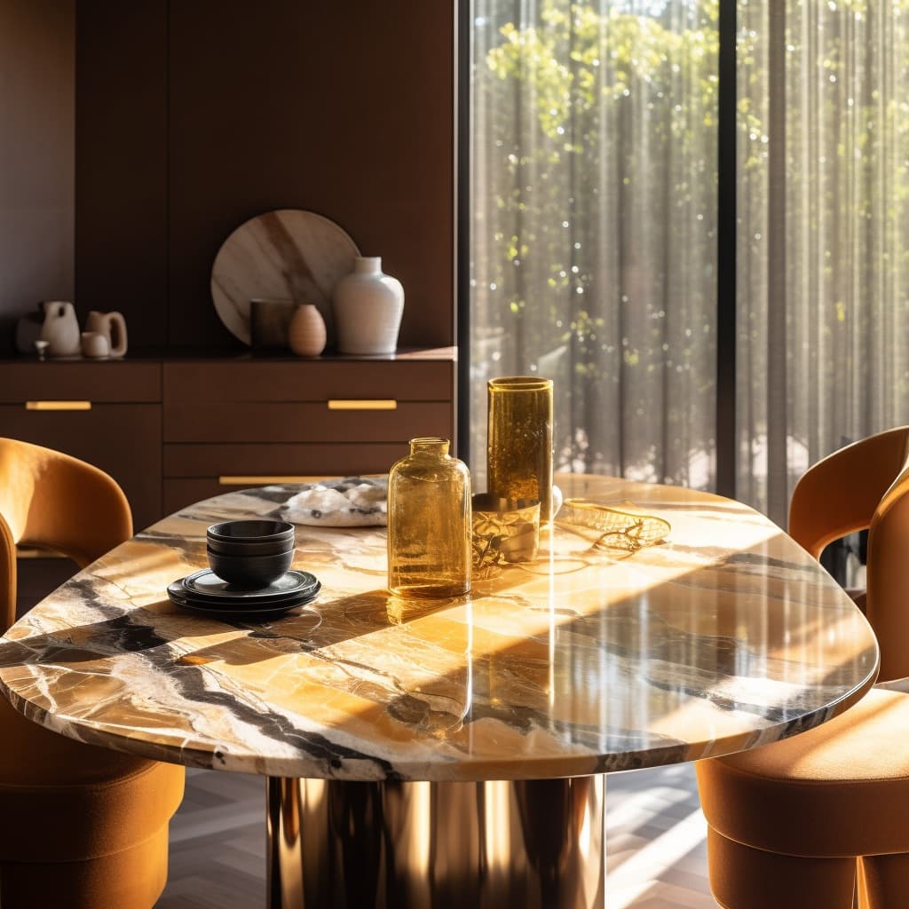 A dining room with a slab marble table, timber walls and warm pendants
