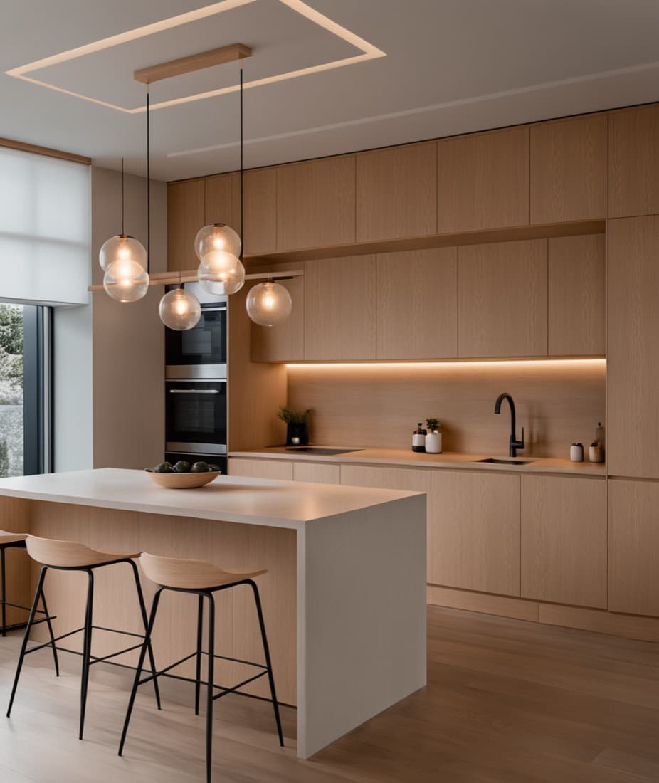A Japandi kitchen in pale oak with an island and paper pendants