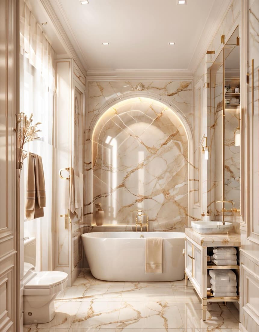 A marble bathroom with a freestanding tub under an arched, lit alcove