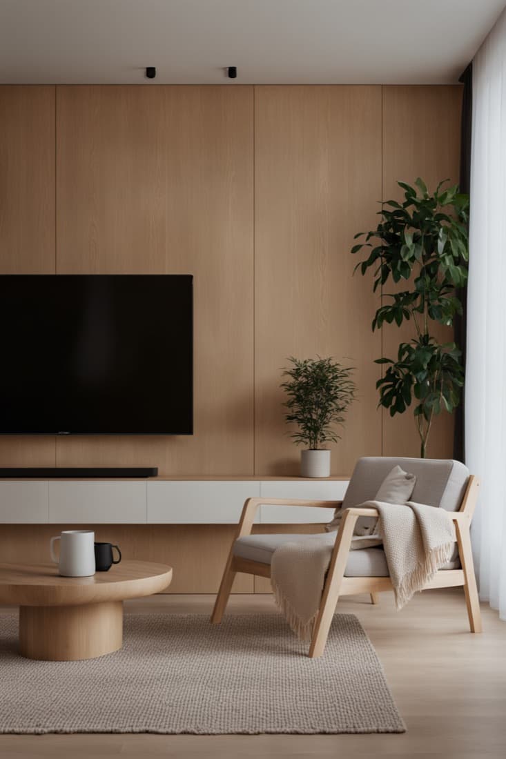 A light oak Scandinavian living room with a low TV wall and plants
