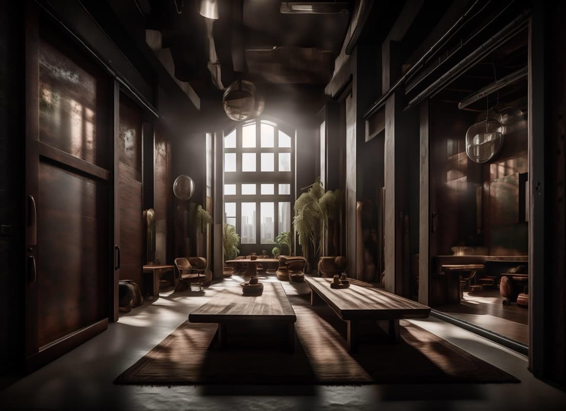 A dark timber hall with high beams and light falling through tall windows