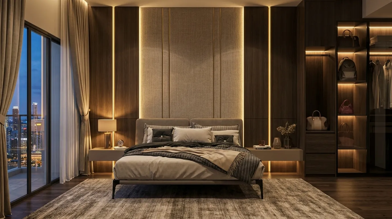 Master bedroom at night with a lit headboard wall and a city view