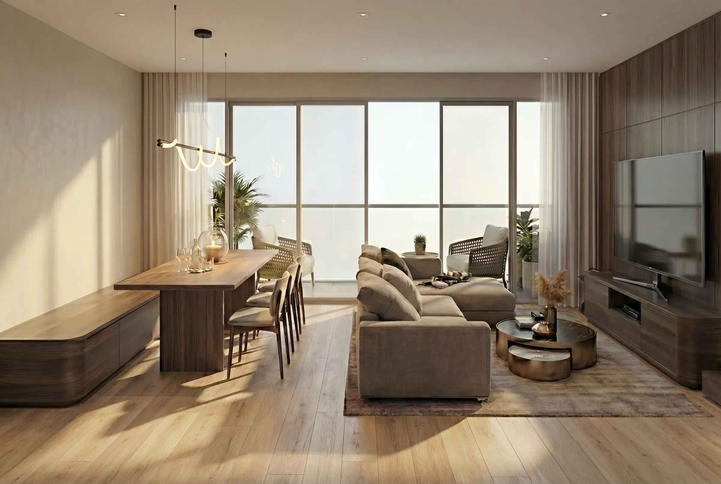 Sunlit living and dining room with full-height glazing