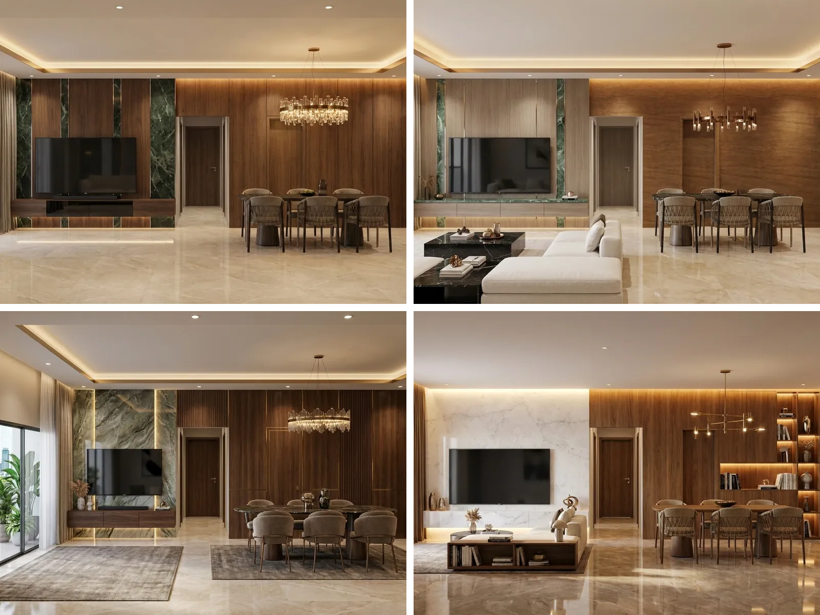 The same living room with four different feature walls