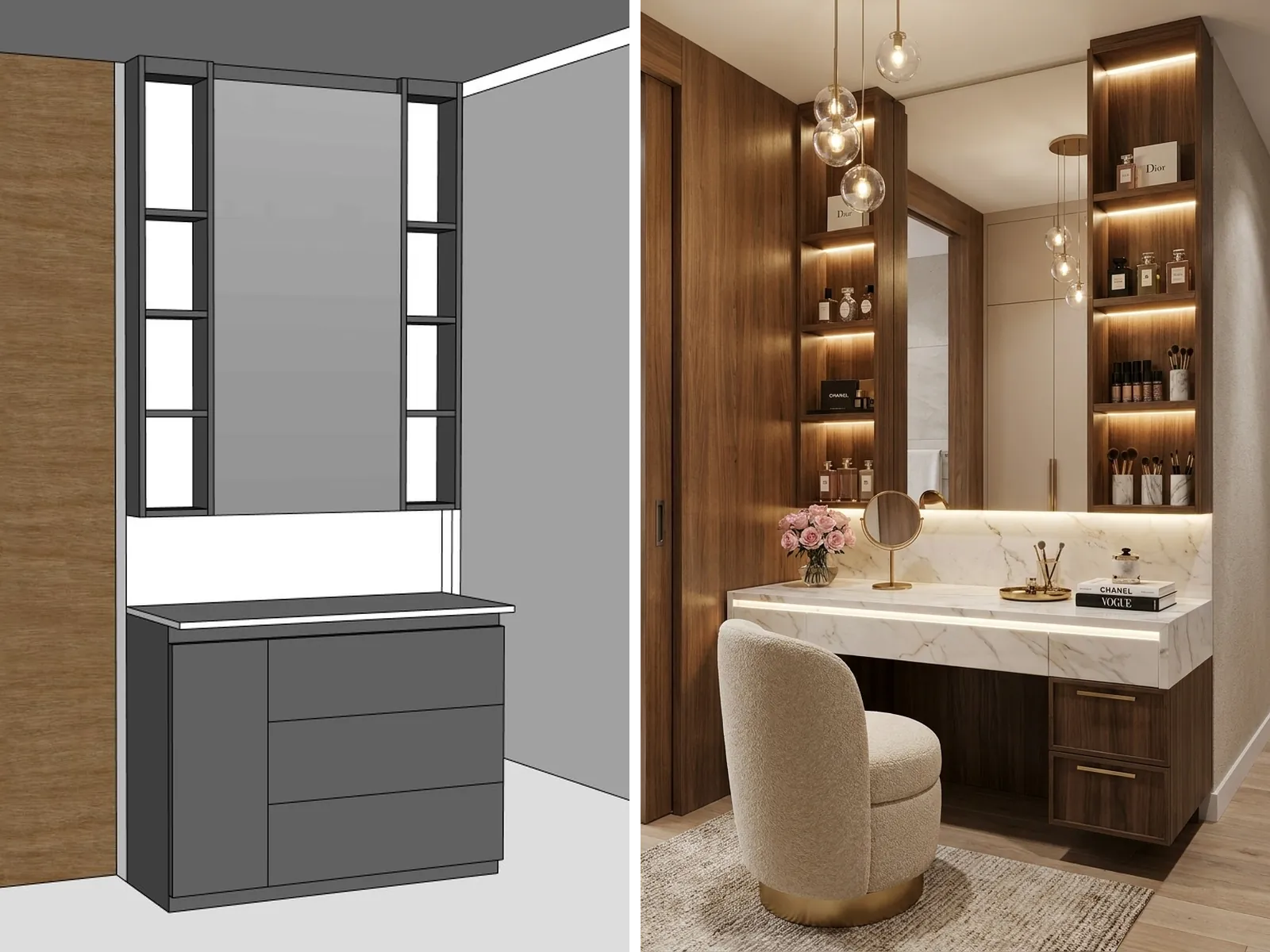 A SketchUp model of a dressing table beside its photoreal render
