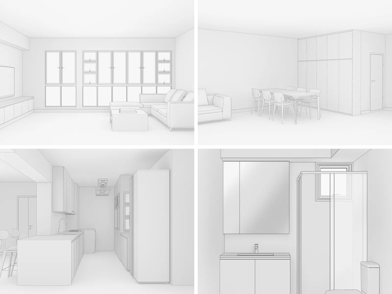 Four room templates as line drawings