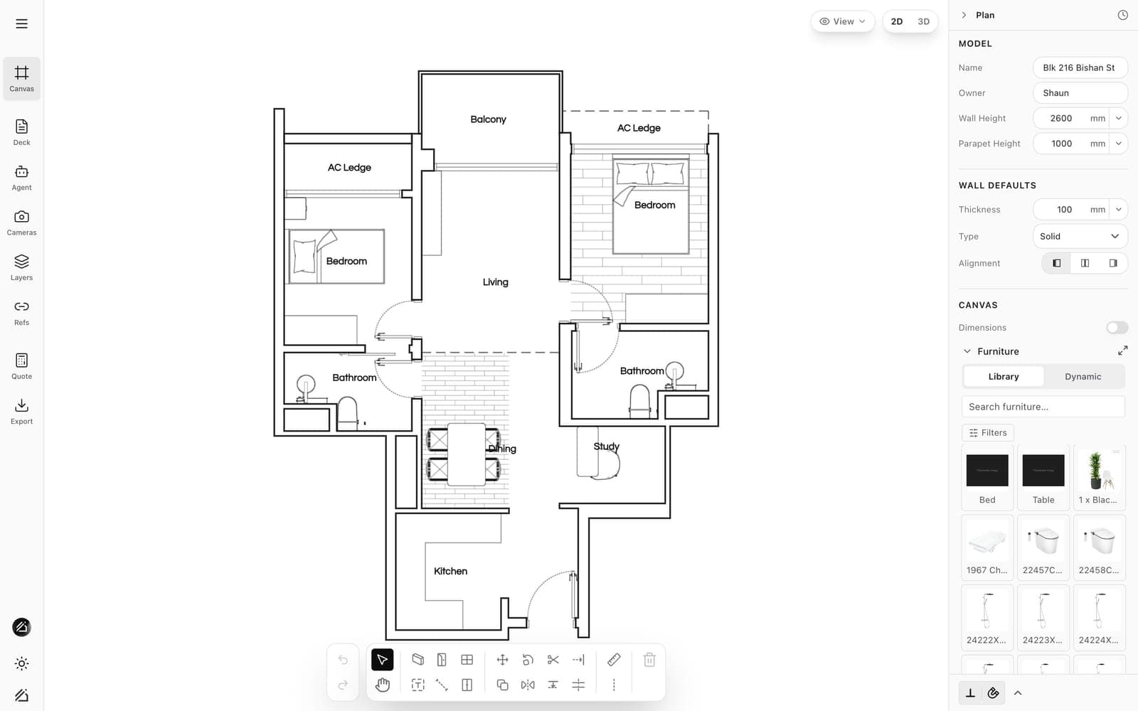 A traced flat in the 2D editor: walls, doors, rooms tagged, furniture, the CAD toolbar
