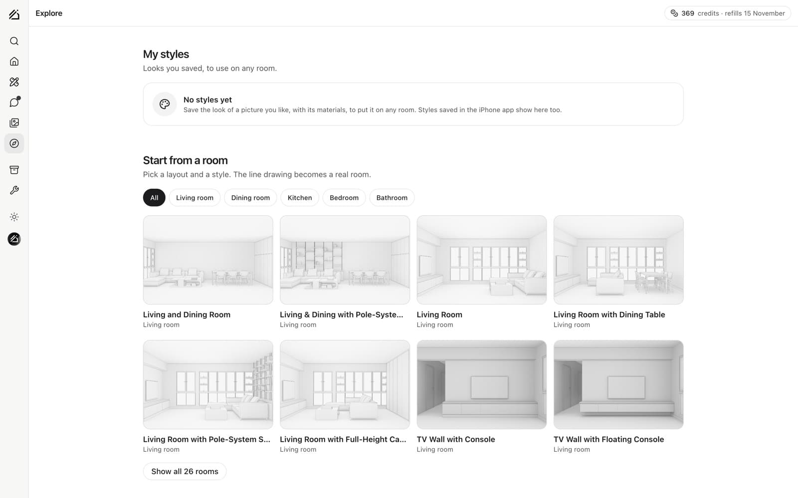 Explore's Start from a room: template line drawings of living rooms, kitchens and bedrooms