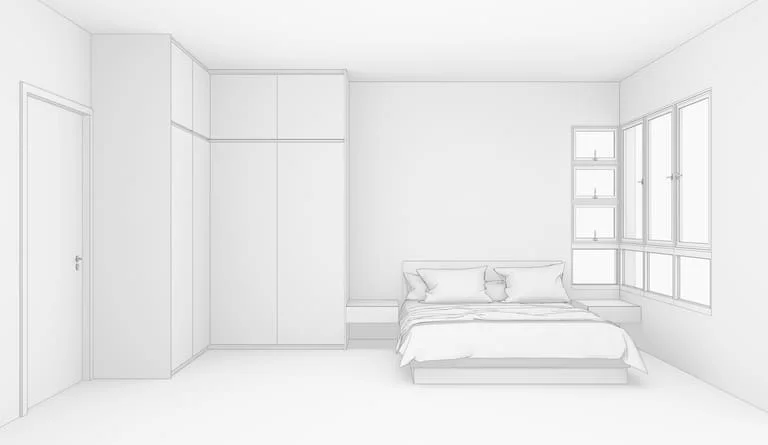 A template's line drawing of a bedroom: wardrobes, a bed, corner windows
