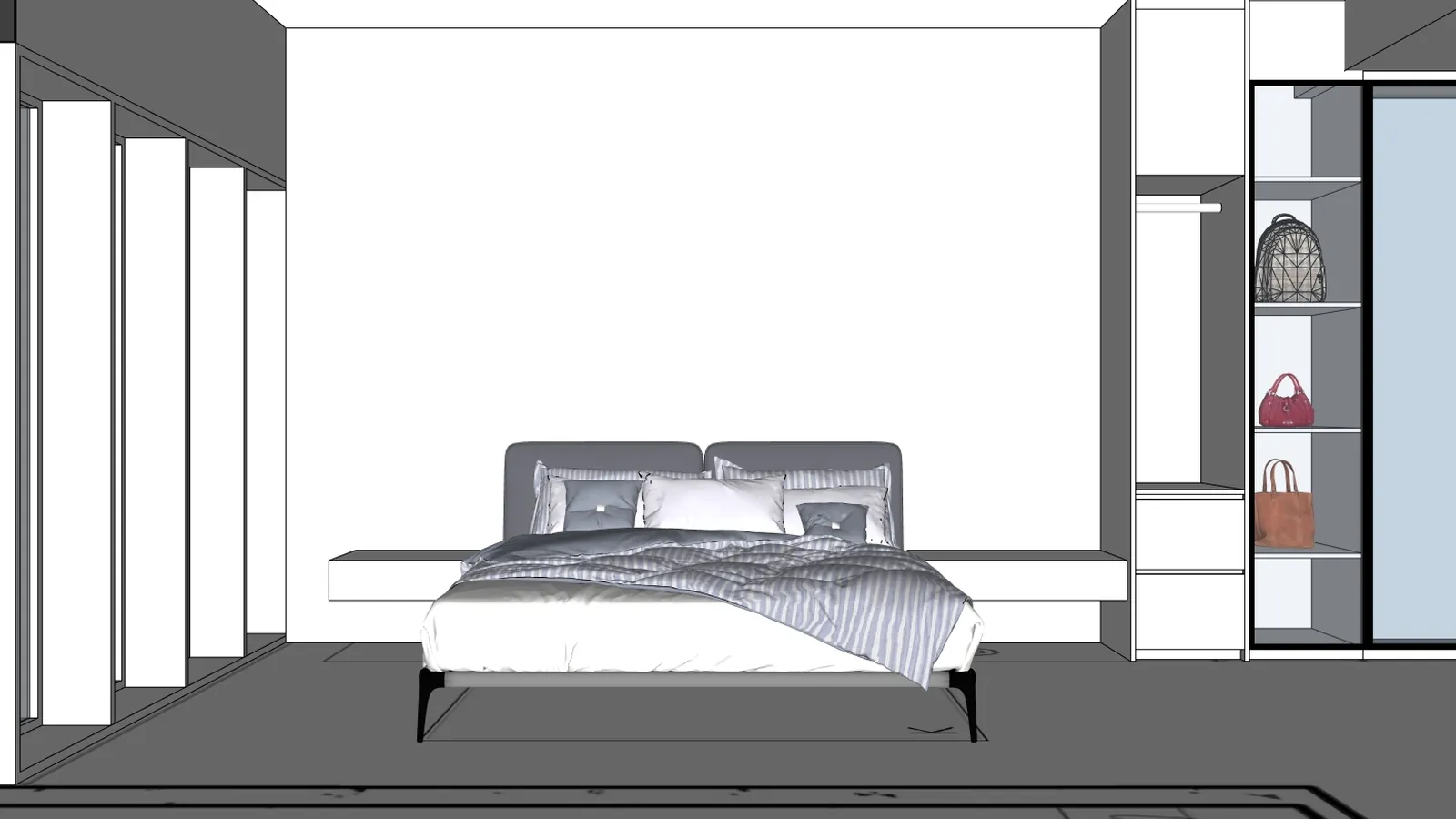 Untextured SketchUp model of a bedroom with a wardrobe